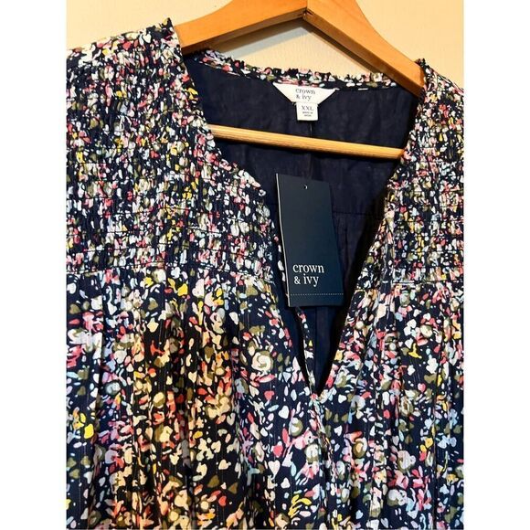 Crown & Ivy Women's XXL Ruffled Sleave Tiered Mini Dress Navy Microfloral Spring - Picture 11 of 14